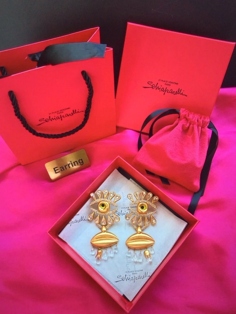 Schiaparelli Gold Eye & Lip Drop Earrings with Clear Crystal Accents